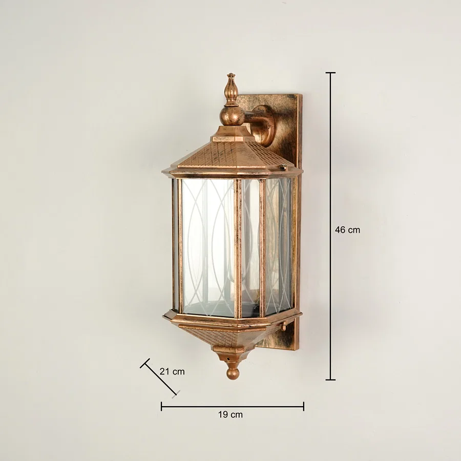 Vintage brass outdoor wall lantern with clear ribbed glass for porch entryway or patio showing dimensions clearly.