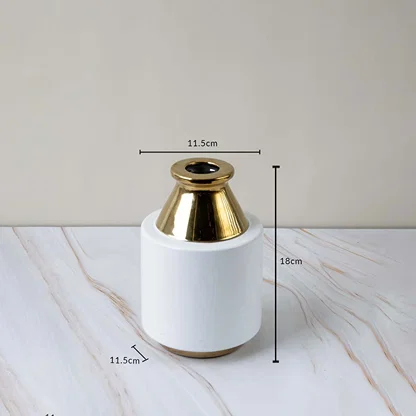 White and gold ceramic vase with dimensions 18cm height and 11.5cm width shown clearly for accurate size reference.