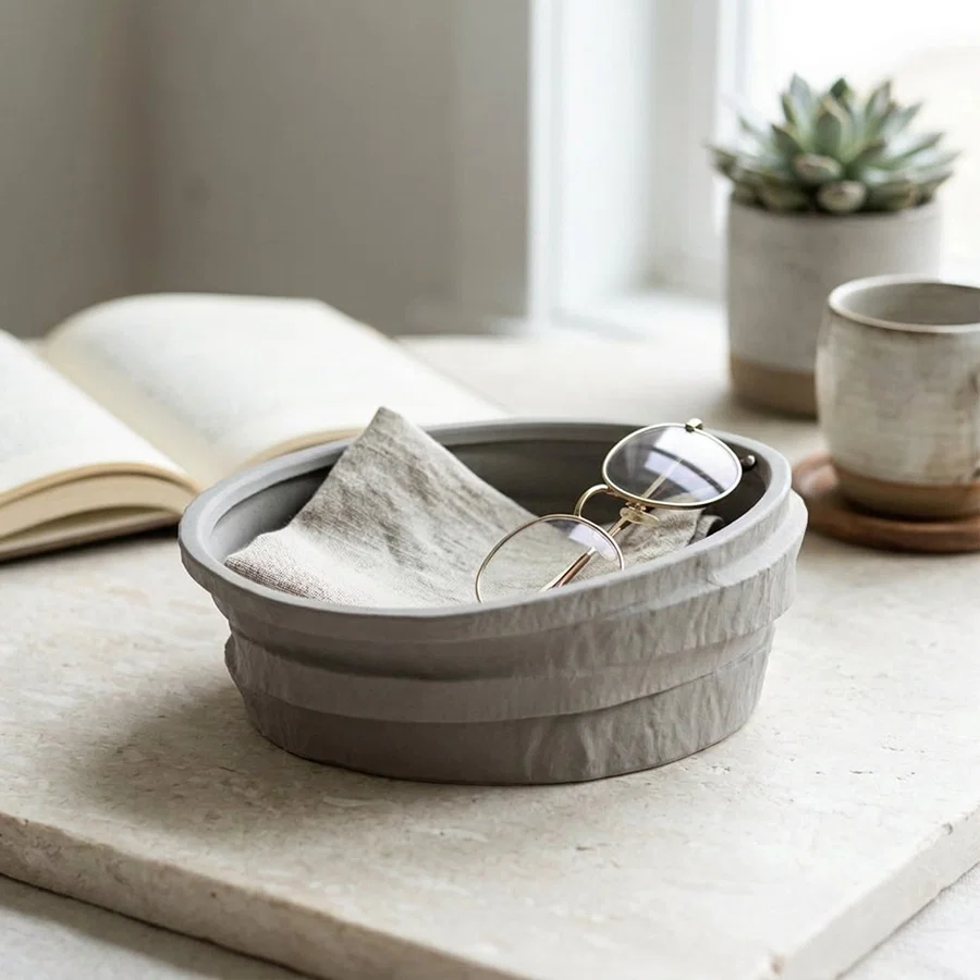 Grey ceramic decorative bowl with textured finish placed on marble table for elegant tabletop decor styling.