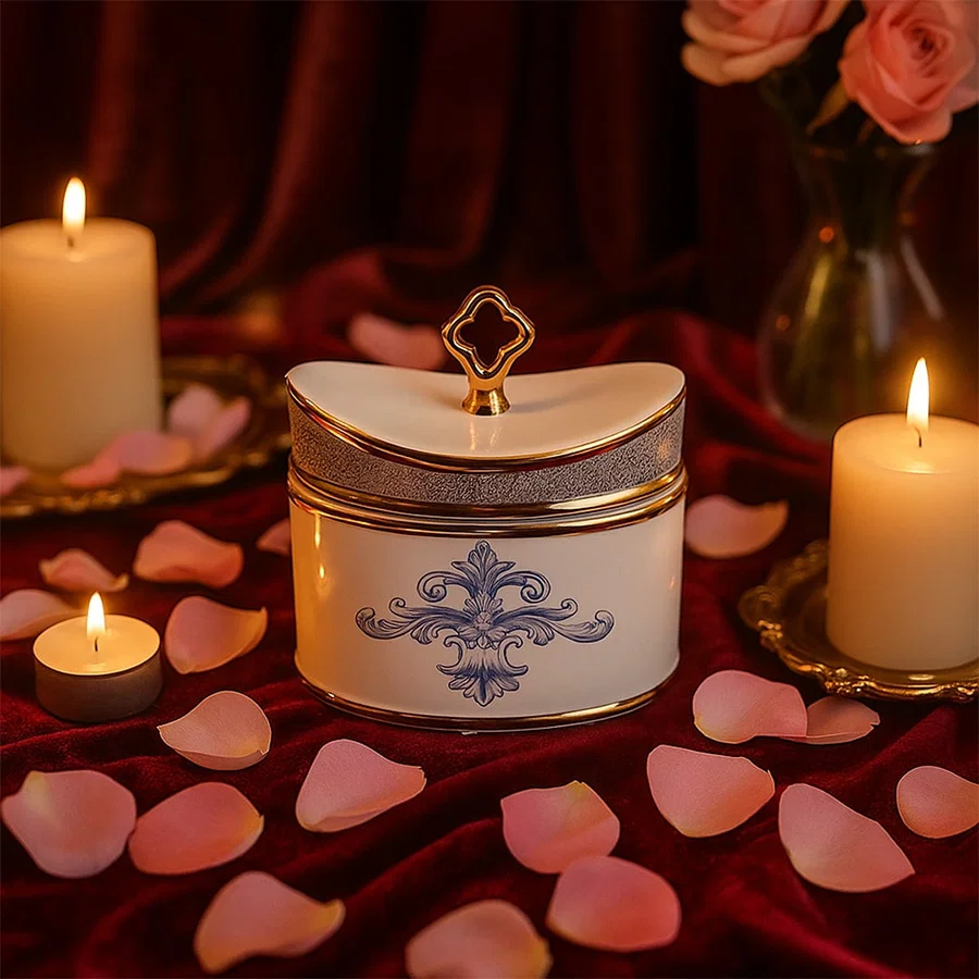White ceramic jar with blue artwork surrounded by candles in a close-up view ideal for romantic décor styling and cozy table settings.