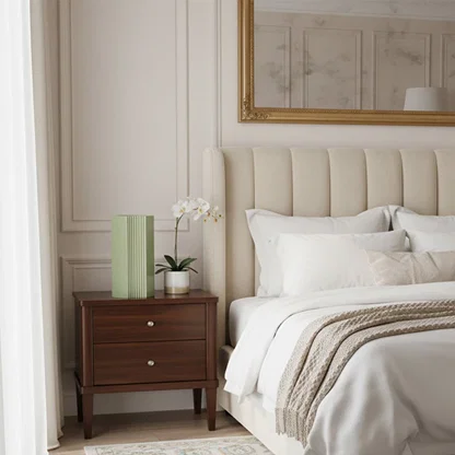 Green ribbed ceramic vase styled on a bedside table in an elegant bedroom with upholstered bed soft lighting and neutral decor accents.