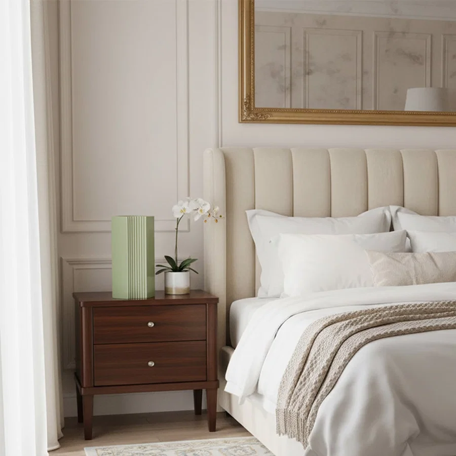 Green ribbed ceramic vase styled on a bedside table in an elegant bedroom with upholstered bed soft lighting and neutral decor accents.
