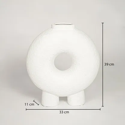 Ezra loop white ceramic vase measuring 39 cm height 33 cm width and 11 cm depth ideal for console decor placement.