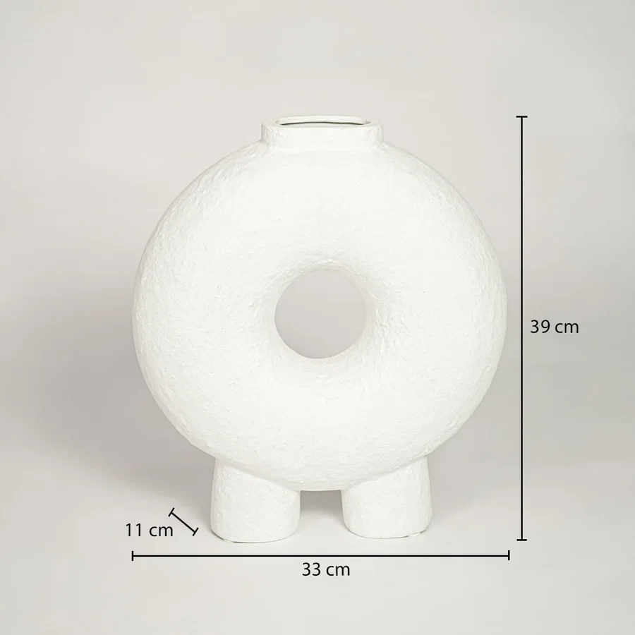 Ezra loop white ceramic vase measuring 39 cm height 33 cm width and 11 cm depth ideal for console decor placement.