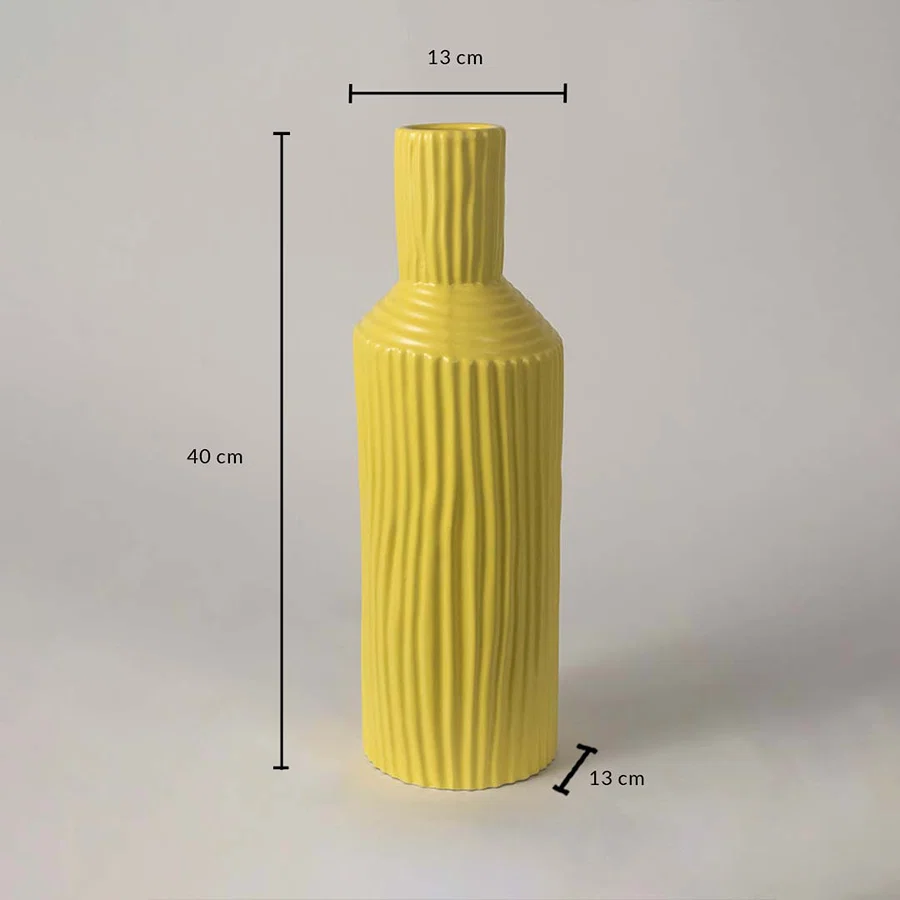 Yellow ceramic vase with ribbed texture and 40 cm height and 13 cm width shown clearly for accurate decor size reference.