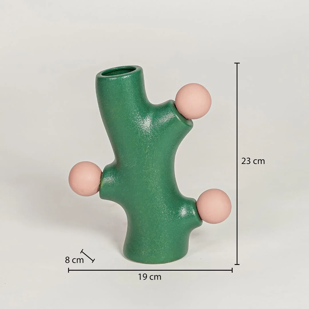 Fern Memphis green ceramic vase measuring 23 cm height 19 cm width and 8 cm depth ideal for modern decor placement.