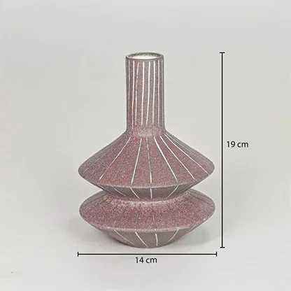 Pink ceramic decorative vase size 19 cm height 14 cm length modern textured flower vase dimension reference image.