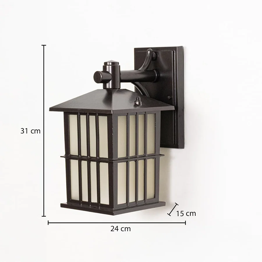 Black metal outdoor wall lantern measuring 31 cm height 24 cm width and 15 cm depth designed for exterior wall mounting.