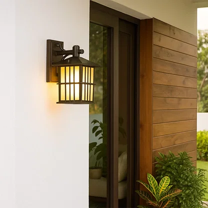 Black metal outdoor wall lantern with frosted glass panels mounted on exterior wall creating classic and durable home lighting.
