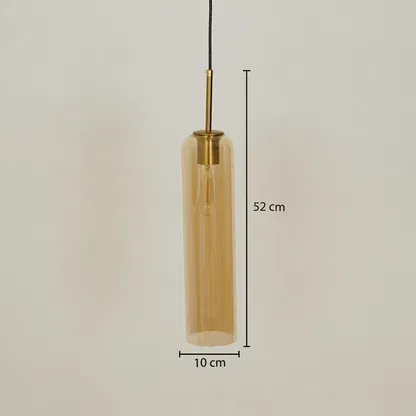 Amber glass pendant light with 10 cm width and 32 cm height for elegant ceiling placement.