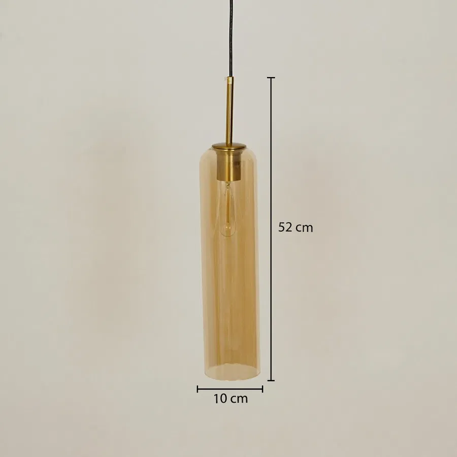 Amber glass pendant light with 10 cm width and 32 cm height for elegant ceiling placement.