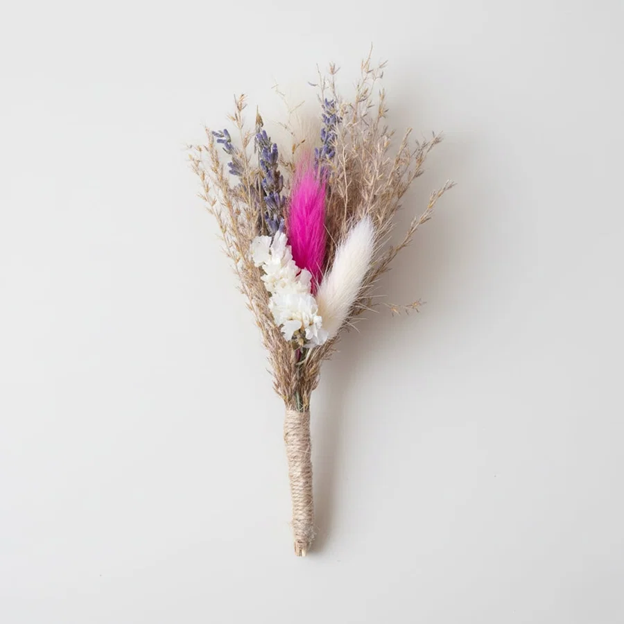 White background image of forar boutonniere for elegant home interior decor styling and modern room tabletop decoration.