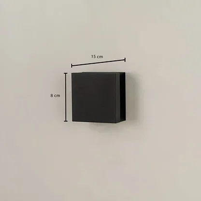 Dimension image of black square wall light showing width 15 cm and height 8 cm suitable for modern exterior home lighting.
