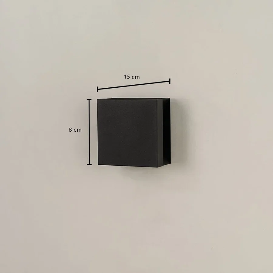 Dimension image of black square wall light showing width 15 cm and height 8 cm suitable for modern exterior home lighting.
