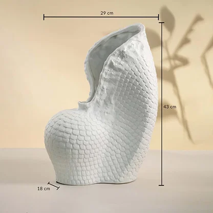 White textured ceramic vase on white background showing height 43 cm width 29 cm and base 18 cm perfect for living room decor.