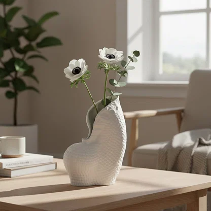 White ceramic decorative vase styled with flowers on a coffee table for elegant modern home decor arrangements.