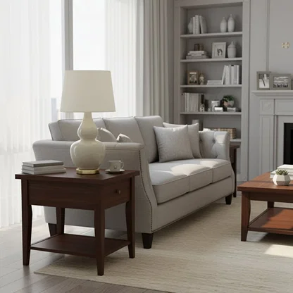 White shade ceramic table lamp on wooden side table with light off beside grey sofa for modern cozy living room décor.