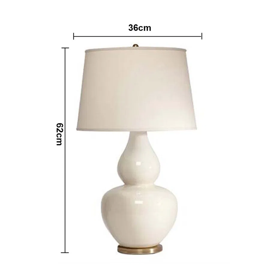 White shade white ceramic table lamp with size 53cm height and 36cm width on plain background for modern minimal décor.