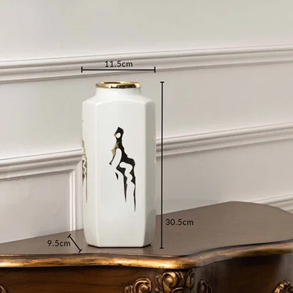 Tall white ceramic jar with black horse artwork in a front view measuring 10.5 cm width and 31 cm height ideal for modern décor styling.