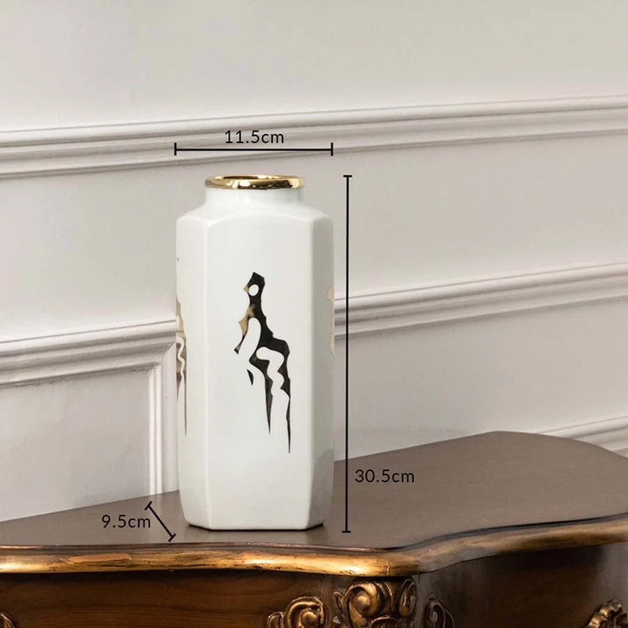 Tall white ceramic jar with black horse artwork in a front view measuring 10.5 cm width and 31 cm height ideal for modern décor styling.
