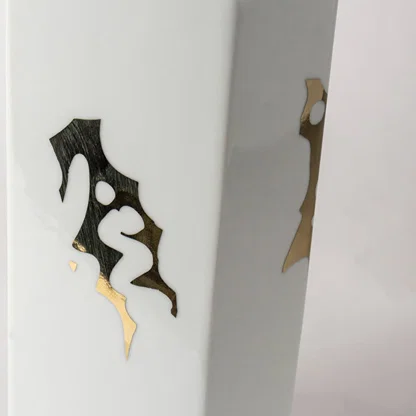 White ceramic jar with black abstract horse artwork in a close-up view ideal for modern console décor and stylish home accents.