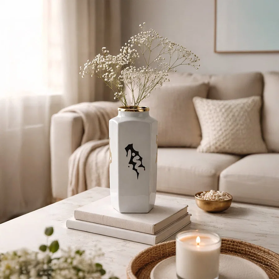 White ceramic decorative vase with black seahorse artwork styled on a coffee table for elegant modern home decor settings.