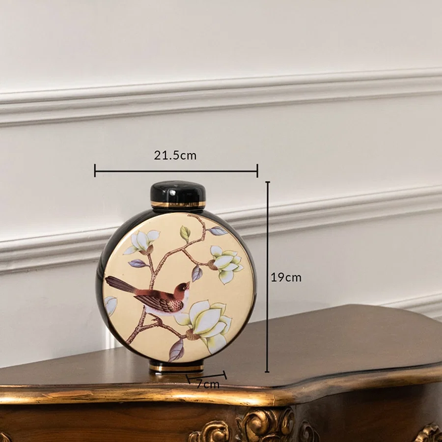 Round ceramic jar featuring cherry blossom artwork with size marking ideal for Japanese décor adding serene floral artistry cultural elegance and handcrafted detail to refined interiors.