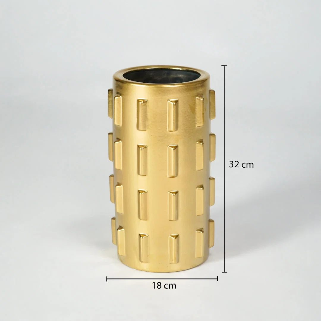Gold metal planter vase dimension image with 32 cm height and 18 cm width for stylish table decor.