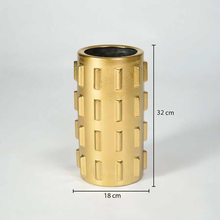 Gold metal planter vase dimension image with 32 cm height and 18 cm width for stylish table decor.