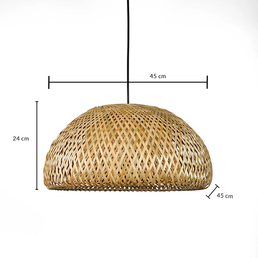 Dimension image of woven bamboo dome pendant light with natural rattan frame showing 24 cm height and 45 cm width.