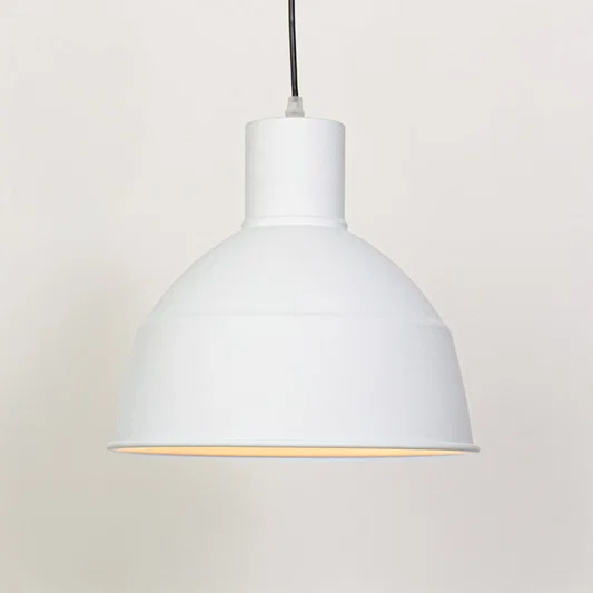 White metal dome pendant light with gold trim designed for modern dining room and home decor.