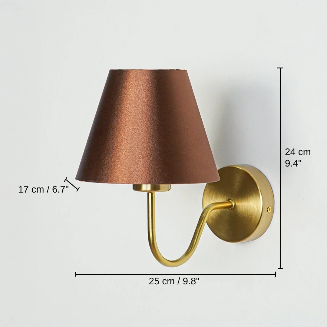 Modern wall light in gold metal finish with brown fabric shade, base 24 x 25 x 17 cm (9.4 x 9.8 x 6.7 inches), canopy 10 x 10 cm (3.9 x 3.9 inches) dimensions