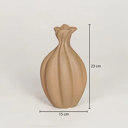 Beige ceramic decorative vase showing 15 cm width and 23 cm height ideal for console table shelf and home decor display.