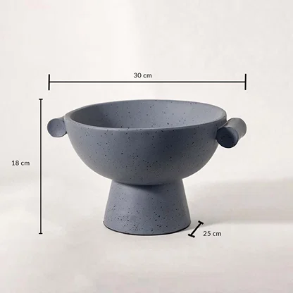 Grey speckled pedestal bowl with handles shown in 30 cm size dimension view for accurate styling and placement.