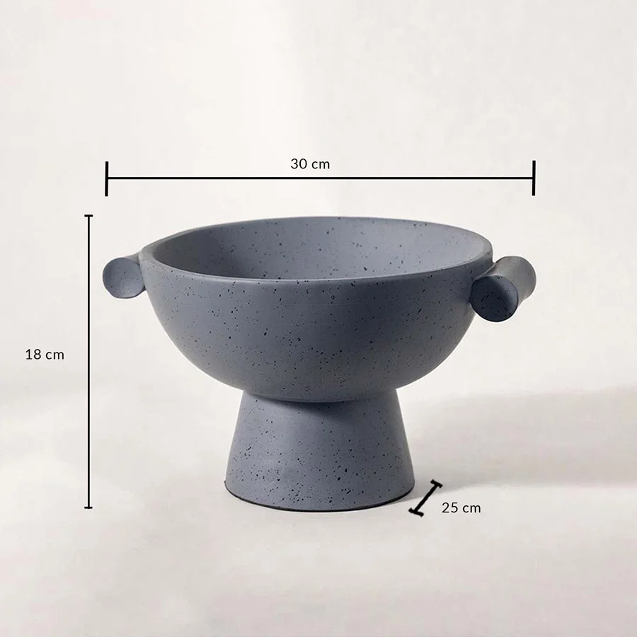 Grey speckled pedestal bowl with handles shown in 30 cm size dimension view for accurate styling and placement.