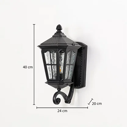 Outdoor wall light measuring 40 cm height 24 cm width and 20 cm depth displayed on white background with dimensions.