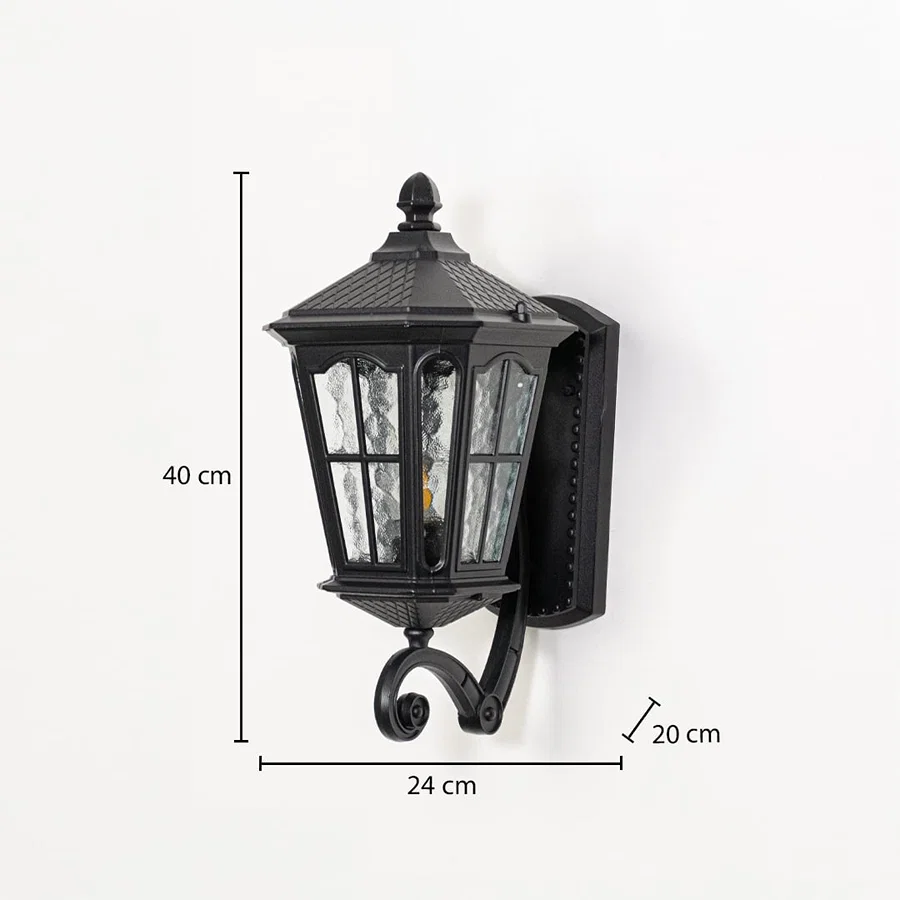 Outdoor wall light measuring 40 cm height 24 cm width and 20 cm depth displayed on white background with dimensions.