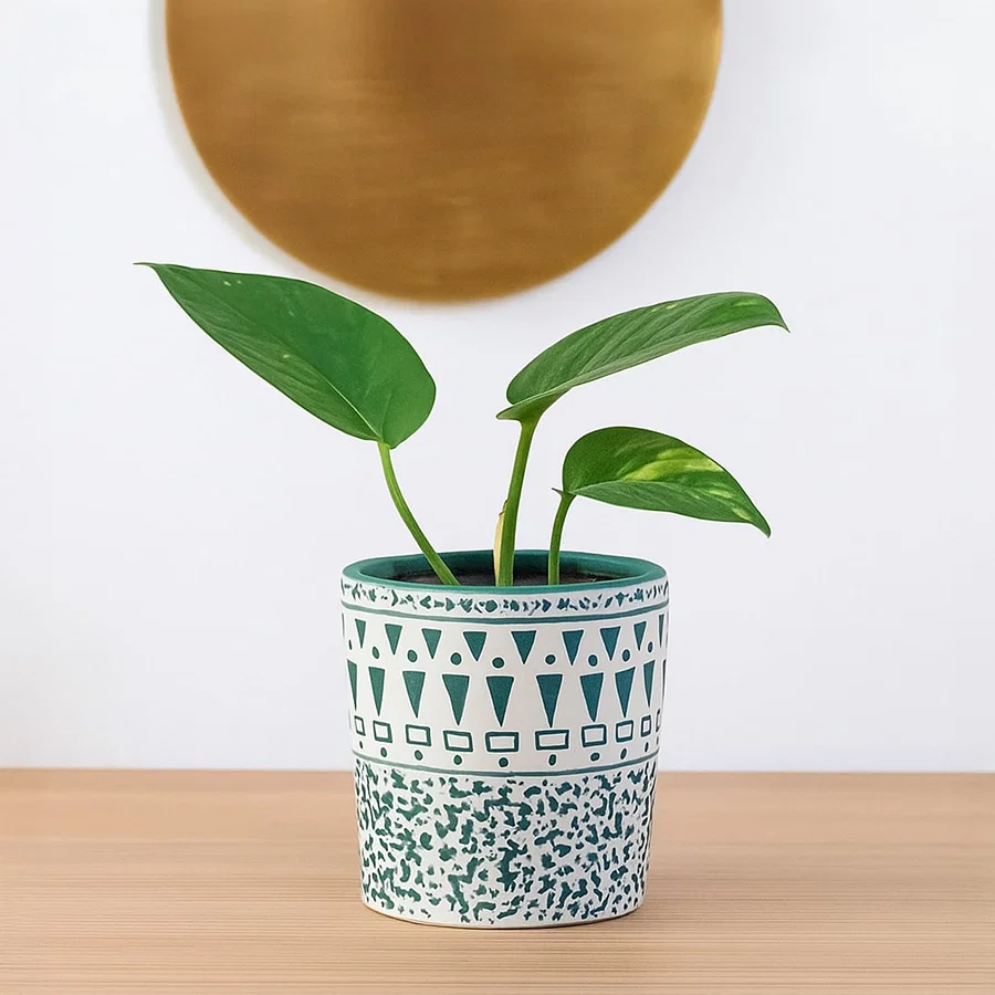 A decorative ceramic planter with teal and white patterns styled in a soft setting showing its artistic detailing for a modern home decor look.