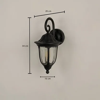Technical diagram showing dimensions of the black outdoor wall lantern with height 34cm width 16cm and depth 26cm.