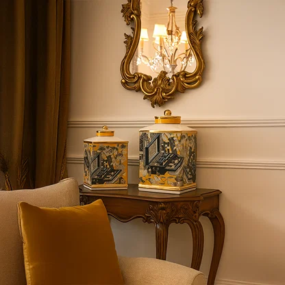 Blue and gold ceramic jars displayed on a wooden console offering a luxurious decorative accent that enriches home interiors with elegant artistic detailing.