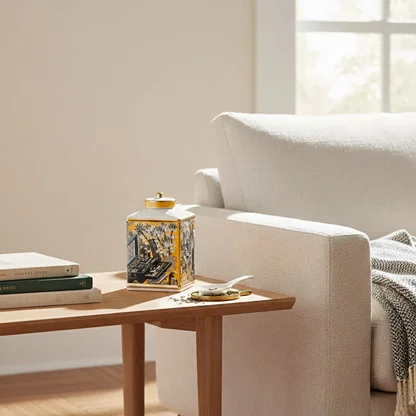 Decorative ceramic storage jar with artistic multicolor design styled on a wooden table for luxury home decor settings.