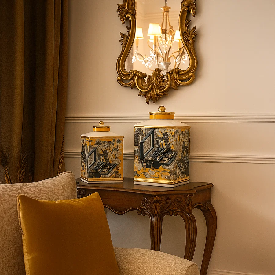 Green and gold jars with classical artwork ideal for luxury décor styling and enhancing elegant living spaces.