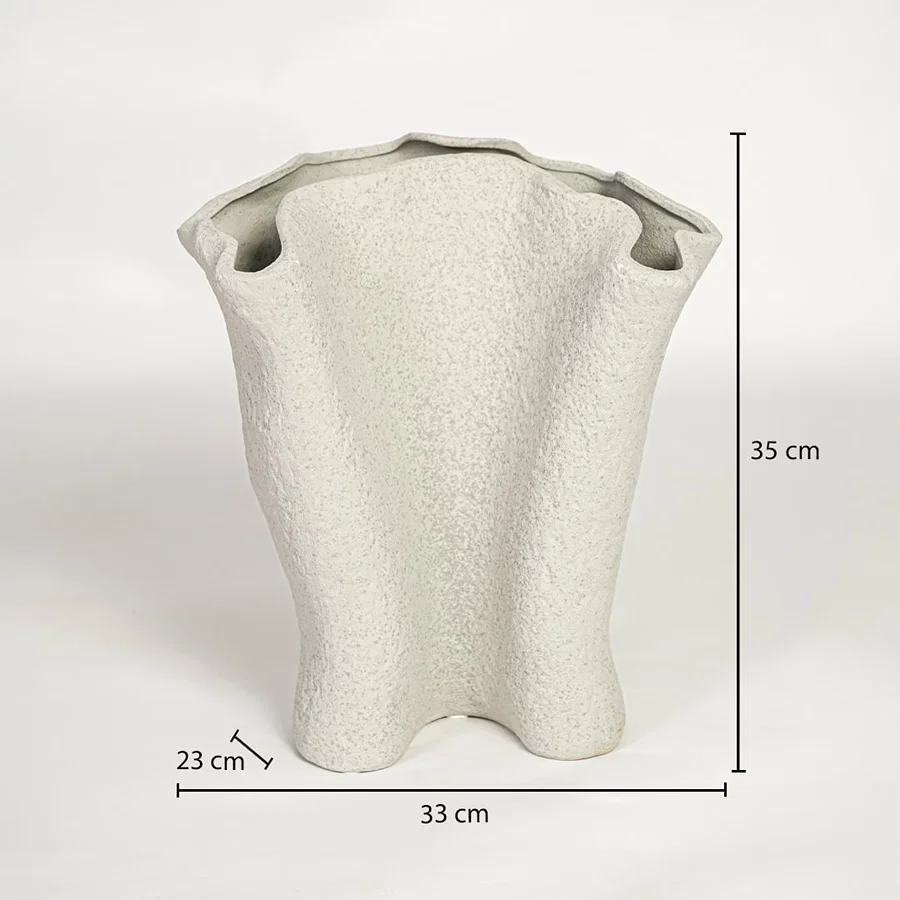 Light beige ceramic decorative vase showing 35 cm height 33 cm width and 23 cm depth suitable for floor or console placement.