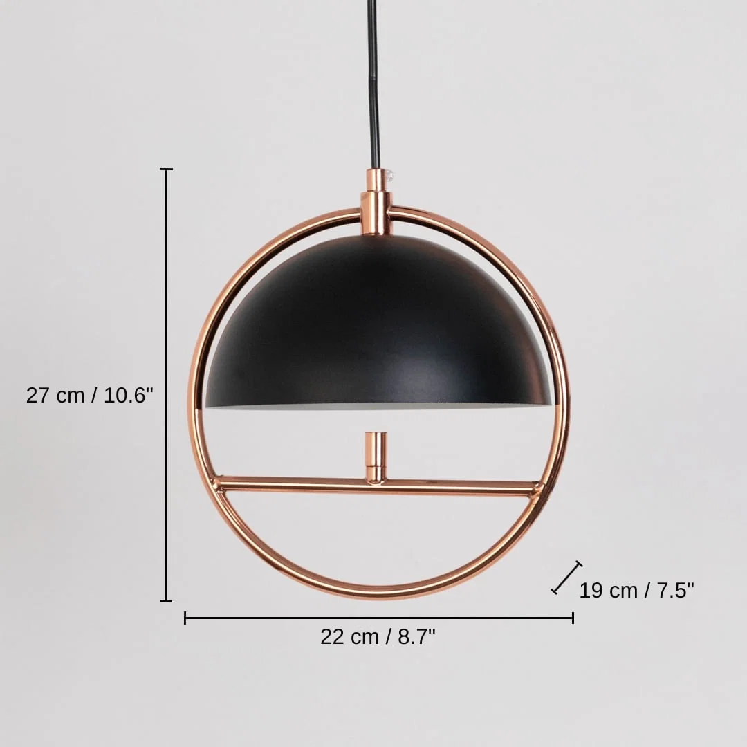 Black metal and rose gold pendant light, base 27 x 22 x 19 cm (10.6 x 8.7 x 7.5 inches), canopy 10 x 10 cm (3.9 x 3.9 inches) dimensions