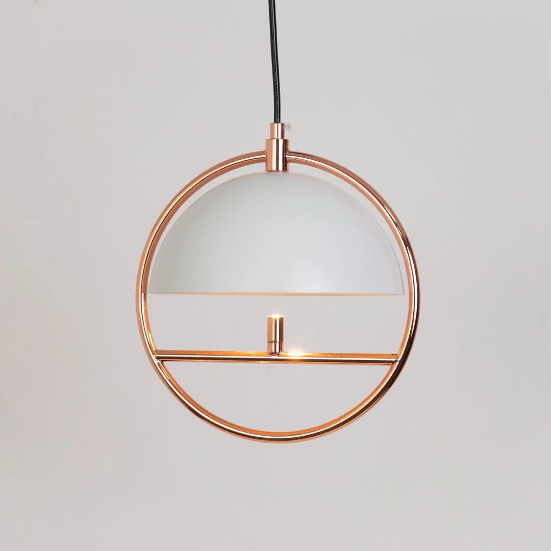 Modern pendant light in gold metal finish with circular frame design for dining room or living decor lighting white background.