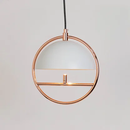 Modern pendant light in gold metal finish with circular frame design for dining room or living decor lighting white background.
