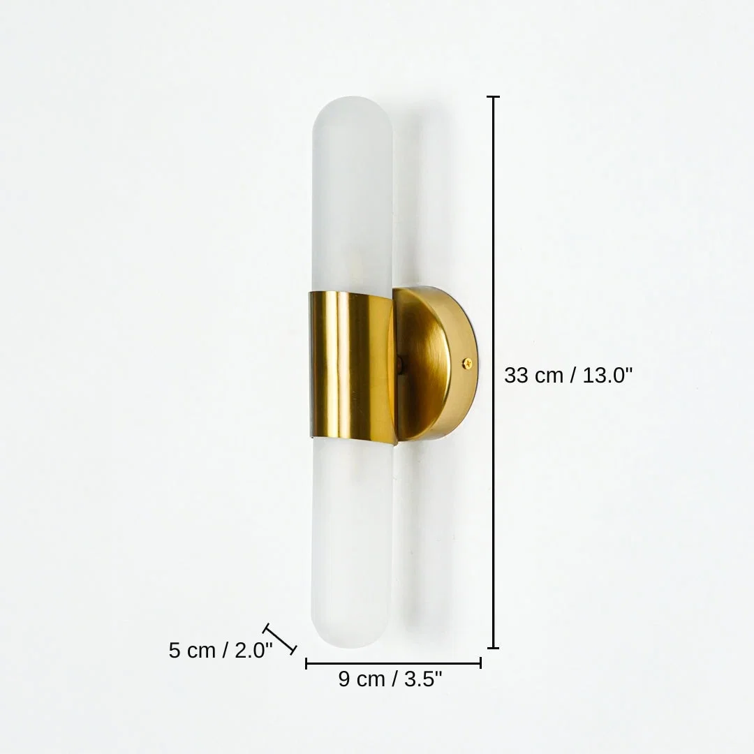Modern wall light with frosted cylindrical glass and gold metal base, 33 x 9 x 5 cm (13.0 x 3.5 x 2.0 inches) dimensions