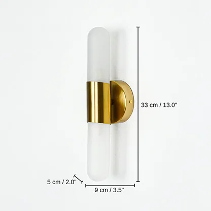 Modern wall light with frosted cylindrical glass and gold metal base, 33 x 9 x 5 cm (13.0 x 3.5 x 2.0 inches) dimensions