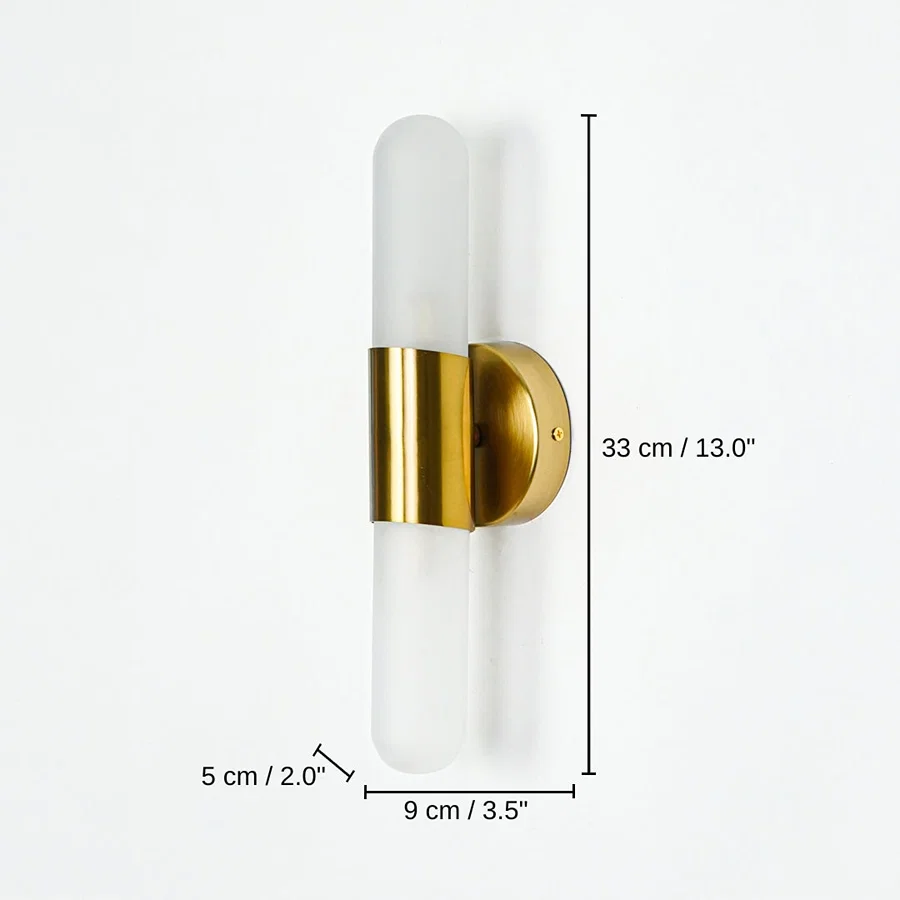Modern wall light with frosted cylindrical glass and gold metal base, 33 x 9 x 5 cm (13.0 x 3.5 x 2.0 inches) dimensions