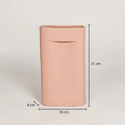 Peach ceramic textured rectangular vase measuring 31 cm height 18 cm width and 8 cm depth ideal for console decor display.